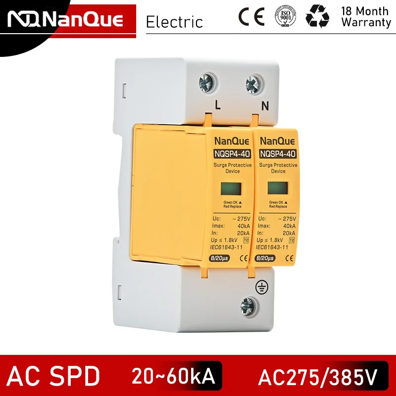 

AC SPD Surge Protector 275V 385V 10KA 20KA 30KA 40KA 50KA 60KA 2Poles lightning protection T2 Class TT TNS TNC Power System Use