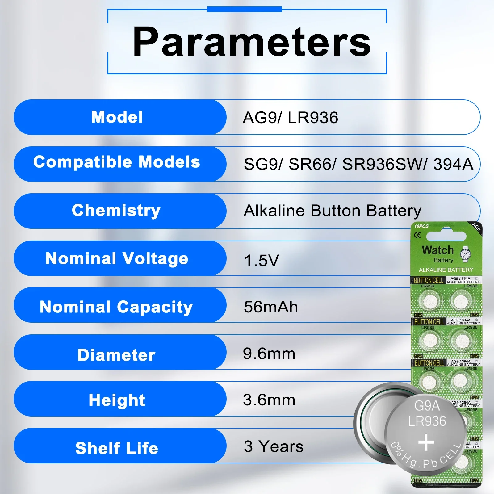 Фото Батарейки-таблетки LR936 AG9 1.5V 10-100 шт. SR66 SG9 SR936 SR936SW 394A: стабильное питание для калькуляторов, часов, игрушек №3