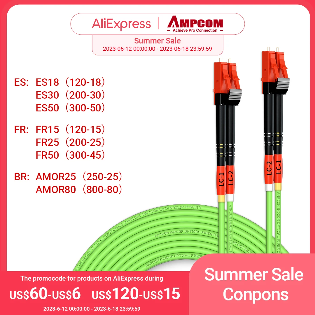 AMPCOM OM5 LC to LC UPC Fiber Optical Patch Cable Multimode Duplex MMF 50/125μm 100Gbps Bend Insensitive 2.0mm Fiber Optic Cord
