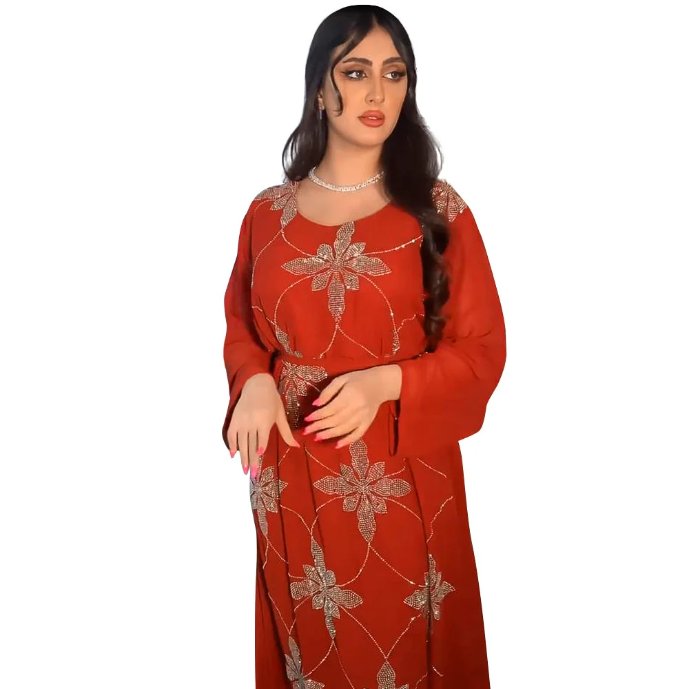Turkish Kaftan Caftan For Women Muslim Snowflake Pattern Thickened Chiffon Gary Belt Dress Women Abaye With Long Sleeves