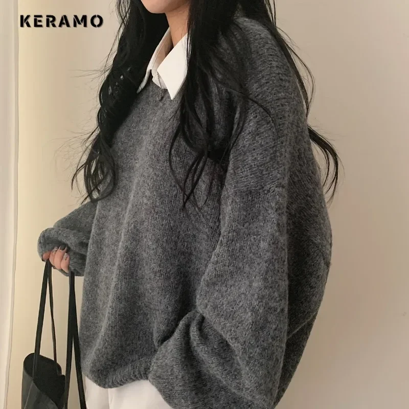 Женский винтажный вязаный пуловер с длинным рукавом повседневный Однотонный