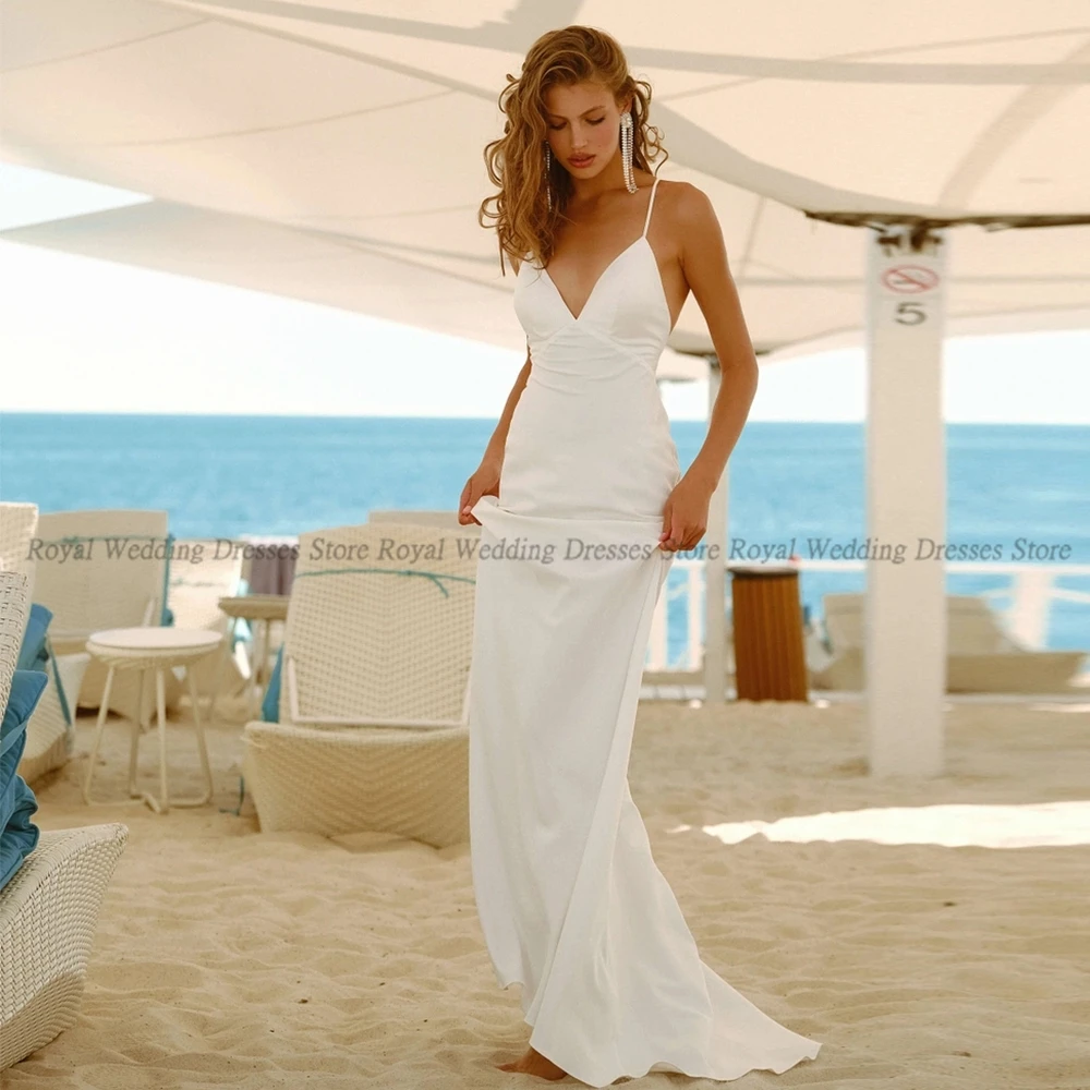 

Simple Mermaid Wedding Dresses Sleeveless Sexy V Neck Spaghetti Satin Vertically Open Back 2022 Floor Length Gowns Robe De Ma