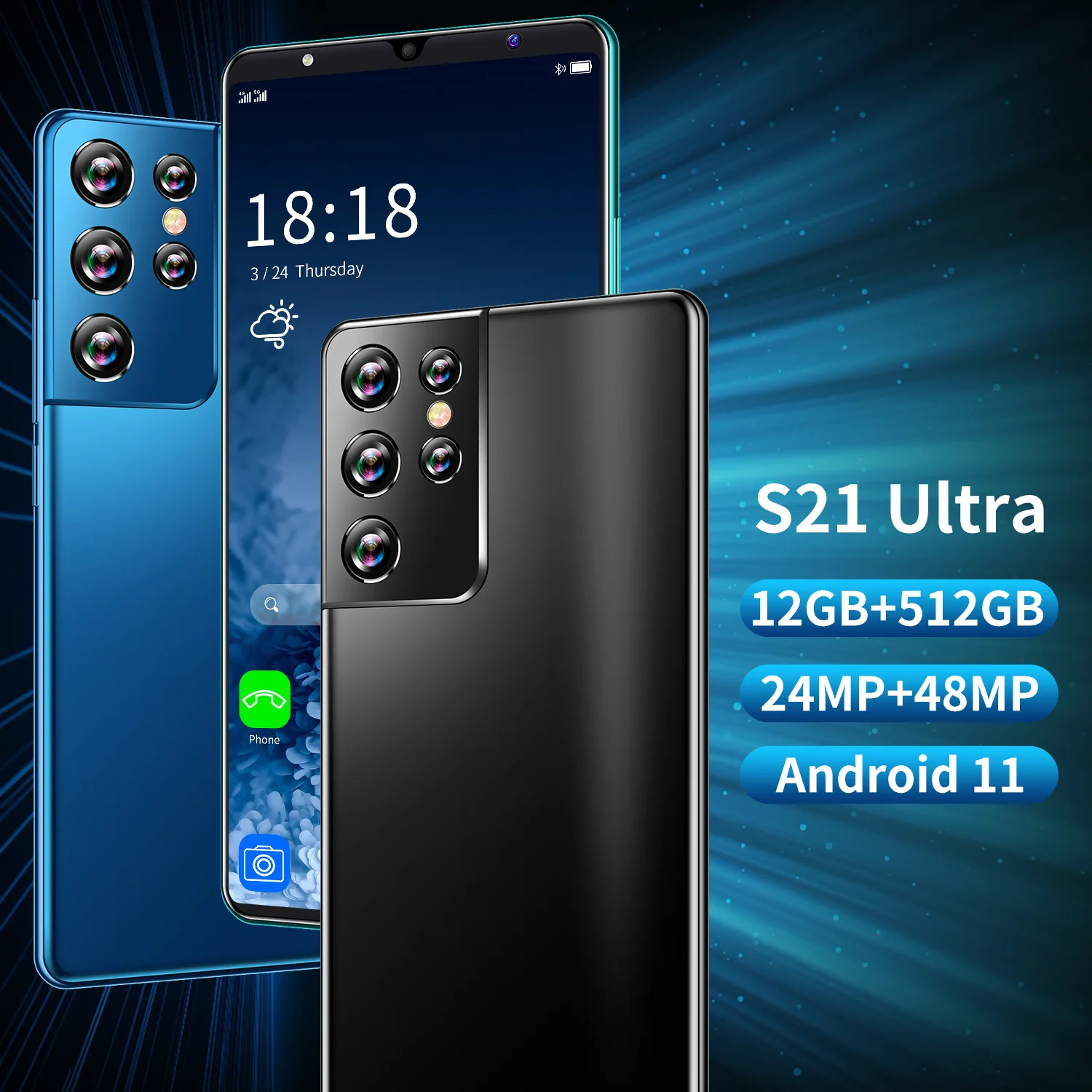 

S21Ultra Global version 12GB +512GB Cellphone 6.1 Inch Android11 Smartphone 5000mAh 24MP+48MP Full Screen 4G celulares Phone