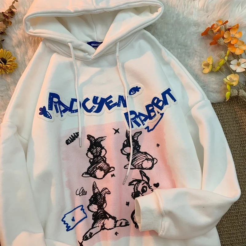 

Autumn and Winter New Fashion Hong Kong Style Fun and Cute Rabbit Print Hooded Fleece Sweater Women's Tide Brand Ins Hoodies