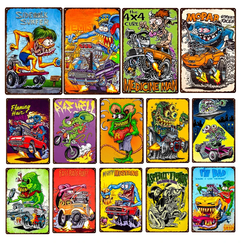 

Cartoon Anime Rat Fink Poster Tin Sign Vintage Metal Wall Plates Signs Man Cave Signs Garage Room Decor Shabby Printed Plaques