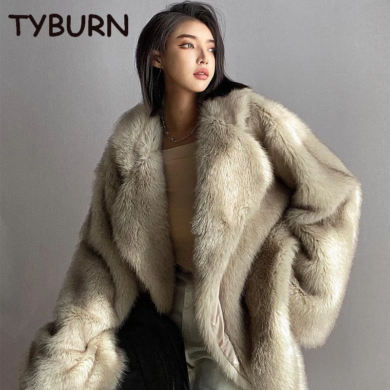 

TYBURN Casual Fox Fur Grass Winter Coat Women's Medium Long Vintage Large Lapel Loose Plush Coat