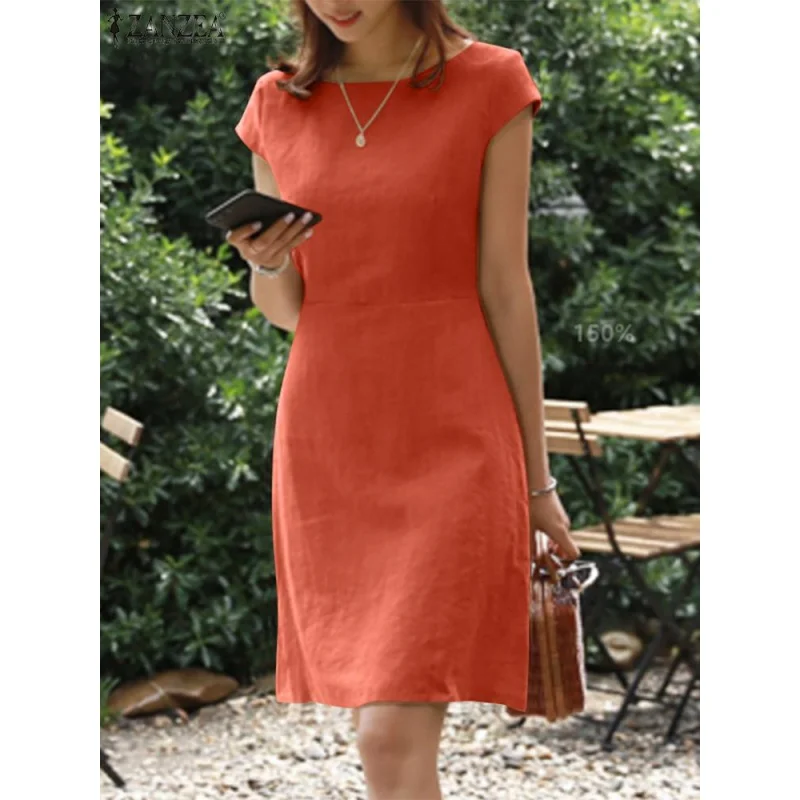 

Female O-Neck Zipper Short Sleeve Sundress Summer Woman Solid Dress Stylish Elegant Work OL Vintage Loose Dresses