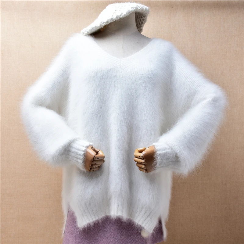 

Ladies Women Fall Winter White Hairy Plush Mink Cashmere Knitted Long Batwing Sleeves V-Neck Loose Pullover Sweater Pull Tops