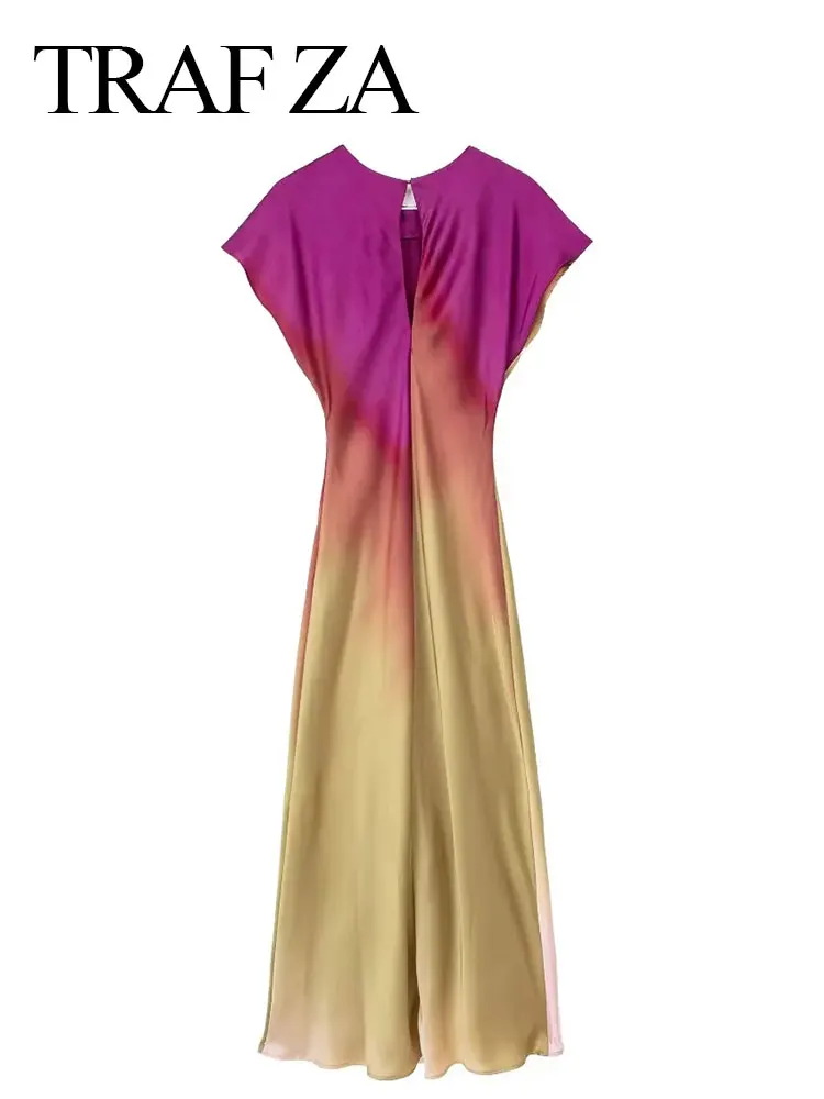 TRAFZA Women's Fashion Print Short Sleeve Dress Vintage Tie Dye O-Neck Midi Dresses Spring Female Casual Chic Satin Dress