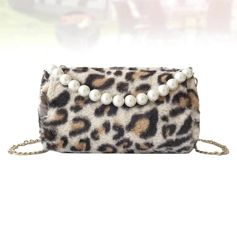 

1Pc Fashion Leopard Boston Bag Plush Artificial Pearl Decorative Handbag Vintage Casual Crossbody Bag for Ladies