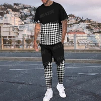 mens summer tracksuit plaid stripes t shirttrousers set 2 piece casual stylish suit streetwear fashion outfit male clothing