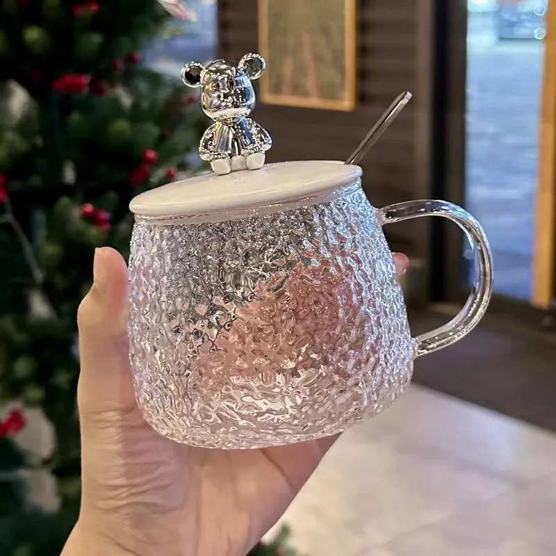 

400ml Creative Frosting Glass Coffee Cup with Lid Tea Drinks Dessert Breakfast Milk Juice Glass Mugs Handle Drinkware