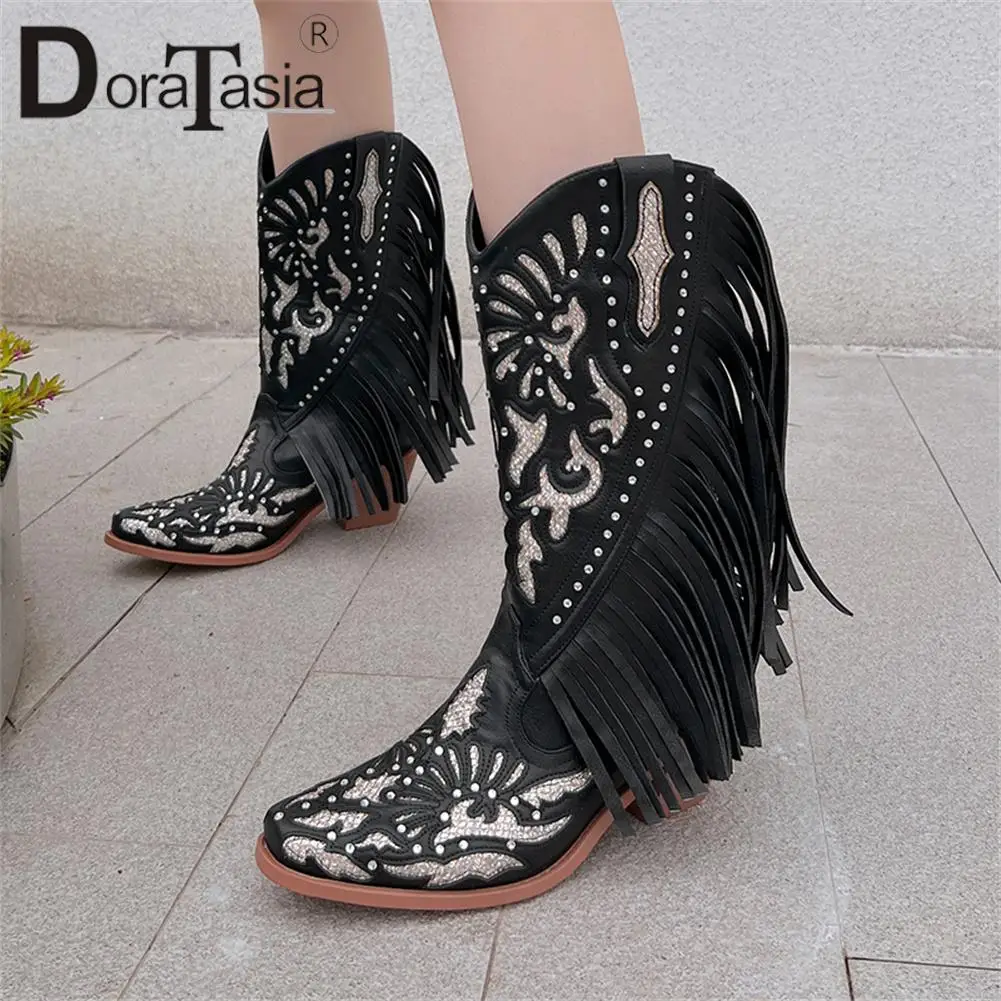 Plus Size 46 Brand New Ladies Cowgirl Boots Fashion Embroidered Fringe Chunky High Heels women's Boots Party Western Shoes Woman