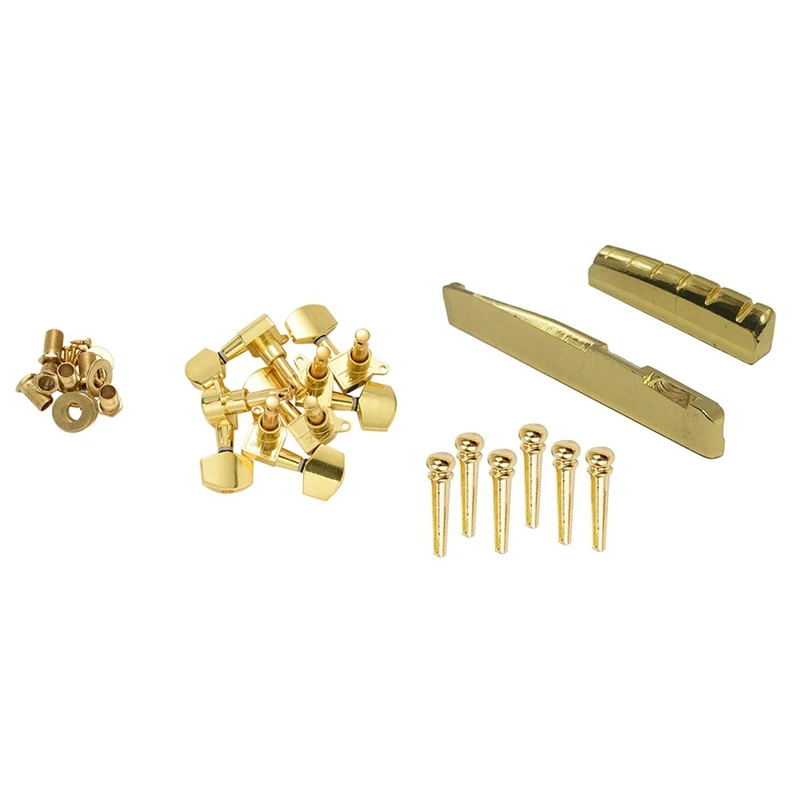 

1 Set Gold Sealed Guitar String Tuning Pegs Tuners Machine Heads & 1 Set Guitar Brass Bridge Pins Saddle Nut