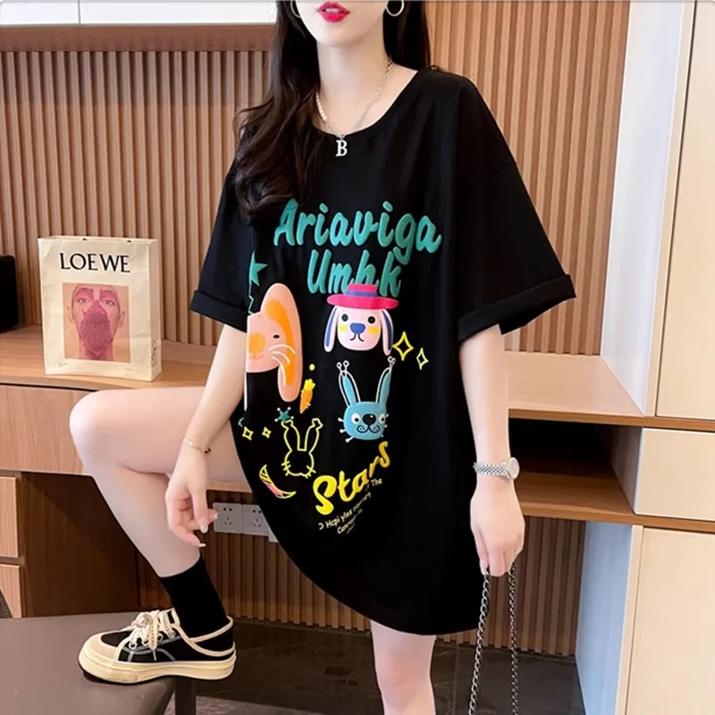 Хлопковая футболка с коротким рукавом и мультяшным принтом женская летняя новая