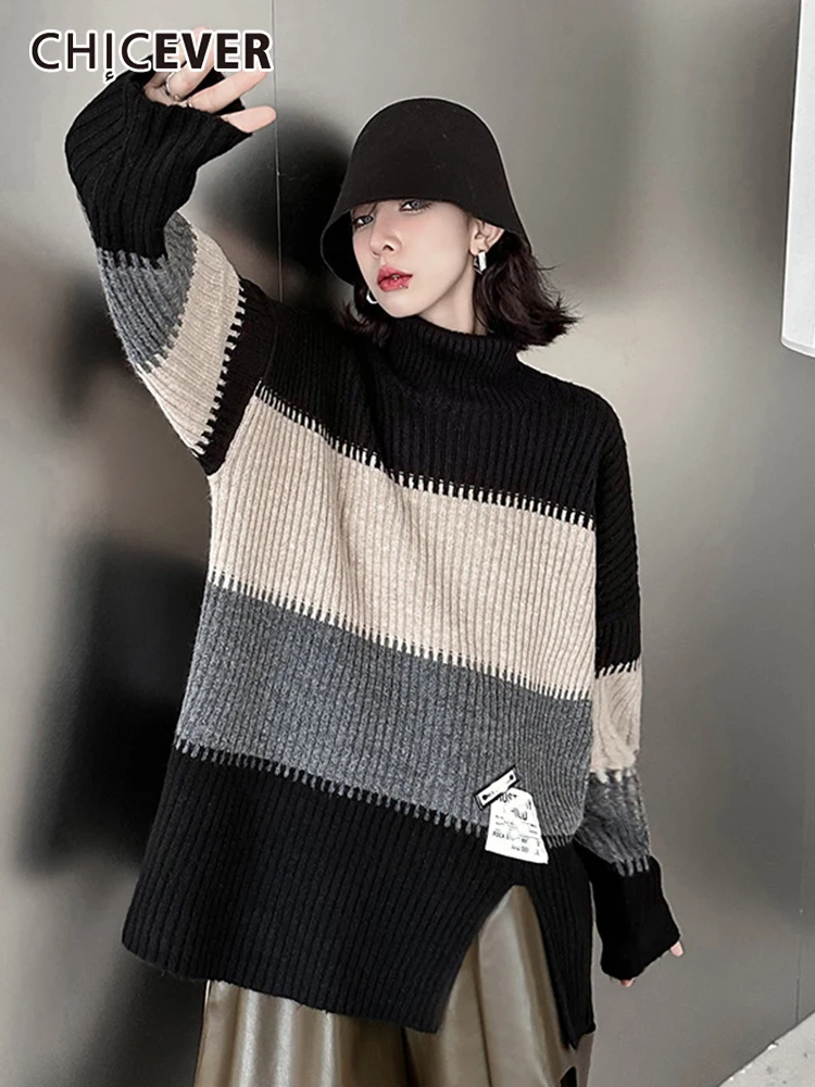 

CHICEVER Loose Hit Color Sweaters For Women Turtleneck Long Sleeve Split Striped Knitting Pullover Fashion Style Sweater Female