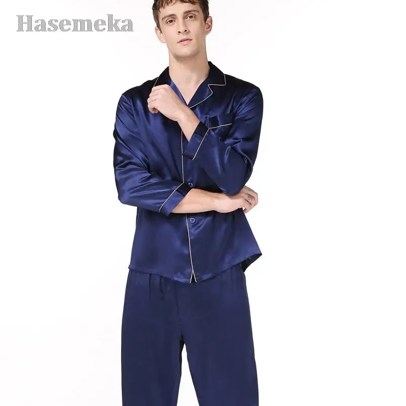 100% Mulberry Silk Men Pajama Sets Noble Notch Collar Full Sleeves Top With Full-Length Pant With Elastic Waist Pajamas