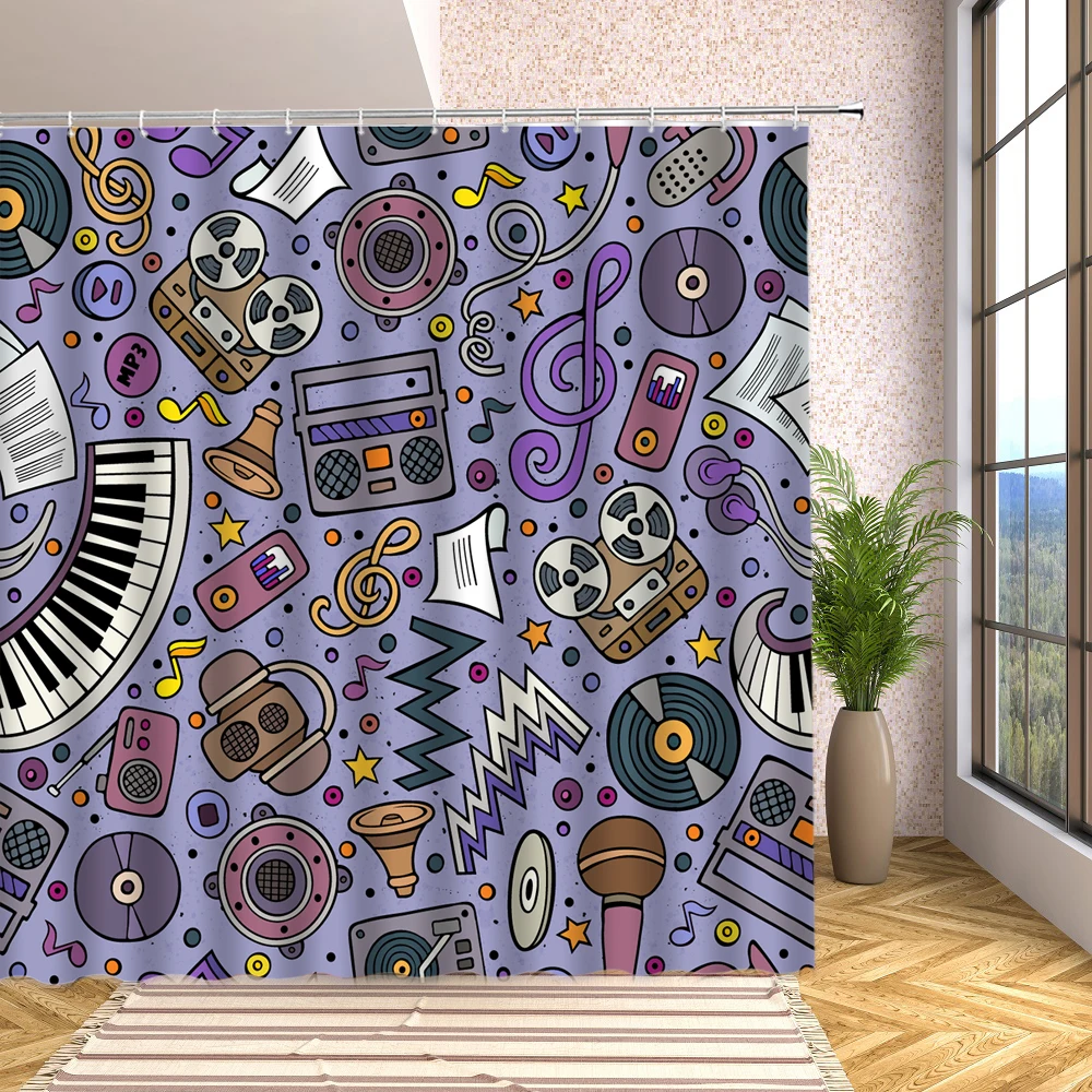 

Fashion Creative Music Shower Curtains Golden Musical Notes Red Polka Dot Abstract Geometric Print Bath Screen Bathroom Decor