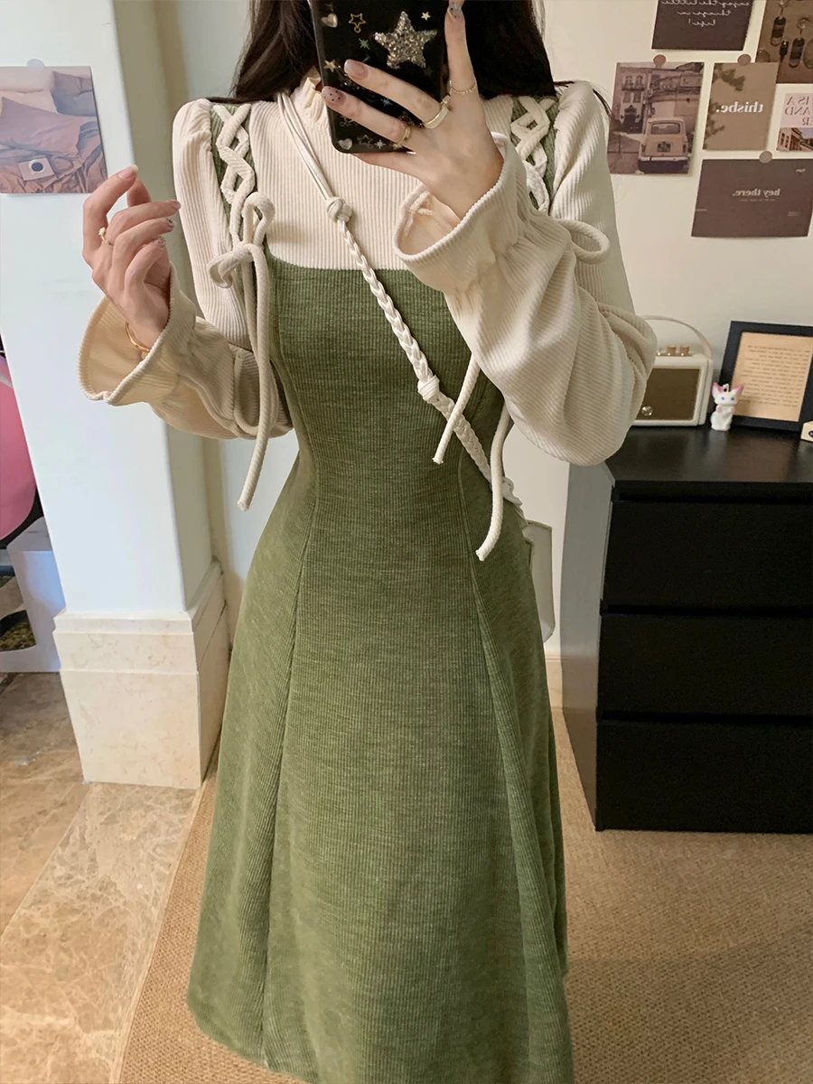 Плюс размер Chubby Girl French sle Retro Fake Two Pieces Базовое платье с длинными рукавами зимнее