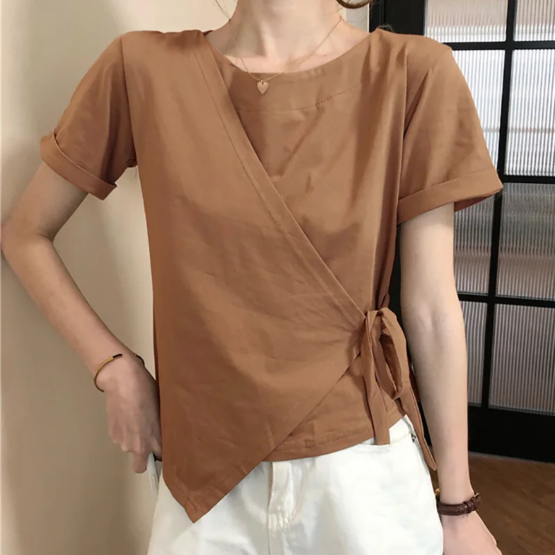 

2022 Summer Fashion Women T Shirts O Neck Solid Loose Short Tee Shirt Femme Short Sleeve Thin Shirring Casu Sleeve Short T-Shirt