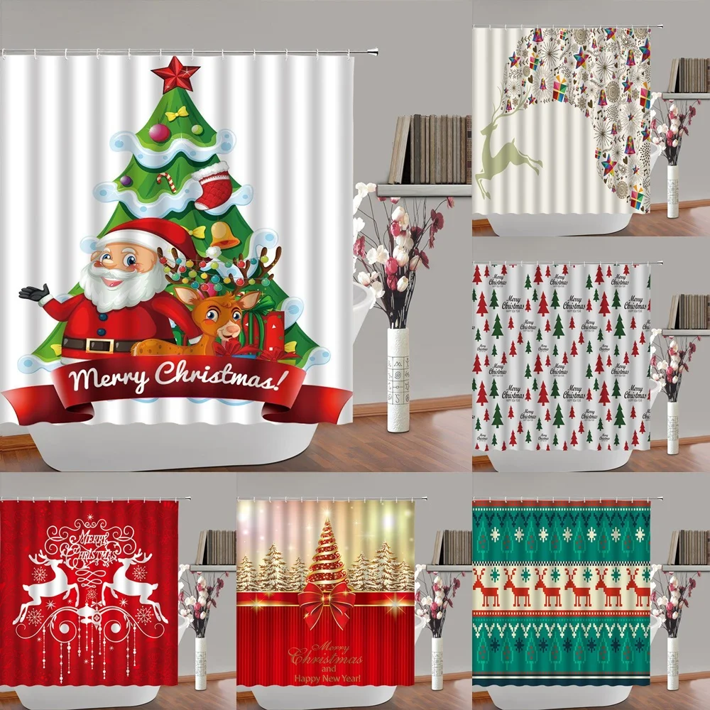 

Cartoon Santa Claus Deer Shower Curtain Christmas Trees Reindeer Elk Xmas Ornament Fabric Bath Curtains For Bathroom Decor Home