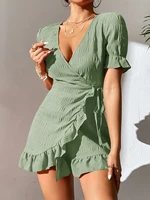 new 2022 women fashion v neck pleats puff sleeve solid green mini dress chic office lady vestidos casual straight dresses