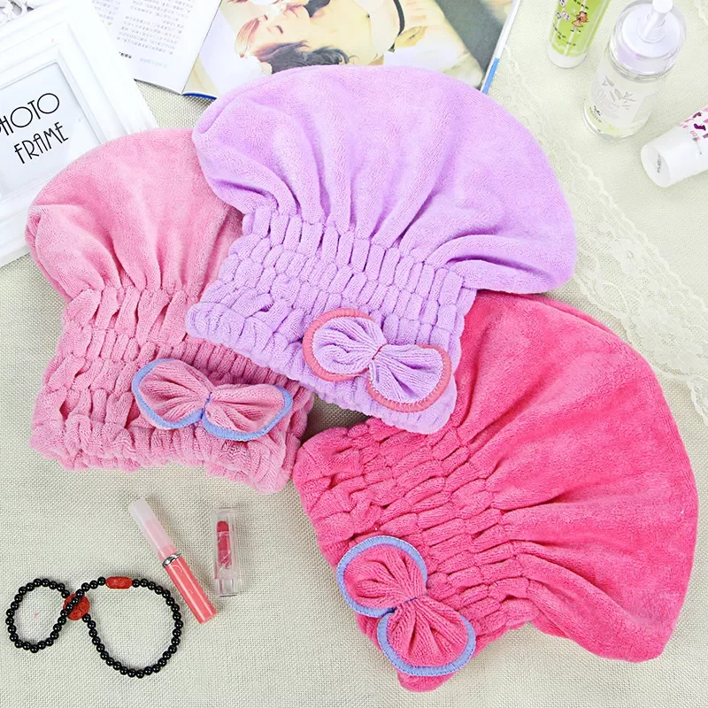 

ZhangJi Women Coral Velvet Dry Hair Cap Bathroom Quick Drying Hat Bath Towel for Hair Drying Turban with Bowknot