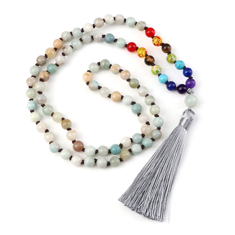 

Модное женское ожерелье из 7 Чакр 8 мм Амазонит натуральный камень мала бусины с кисточкой Очаровательное ожерелье для йоги для мужчин восст...