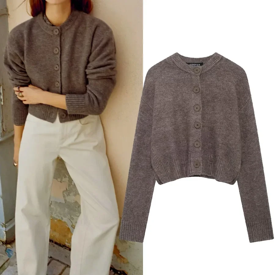 Модная вязаная куртка женская с круглым вырезом однобортная из мягкой