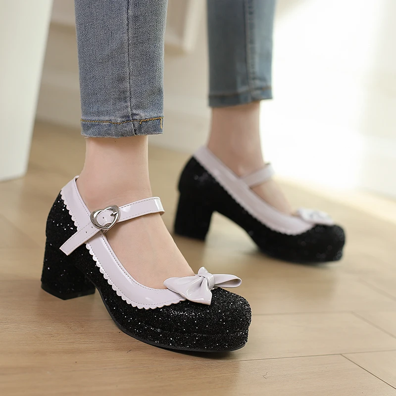 Girl Mary Jane Dress Glitter Shoes Bowknot Princess Cosplay Platform Chunky Heel for Wedding Party Women Dance Pumps Plus Size
