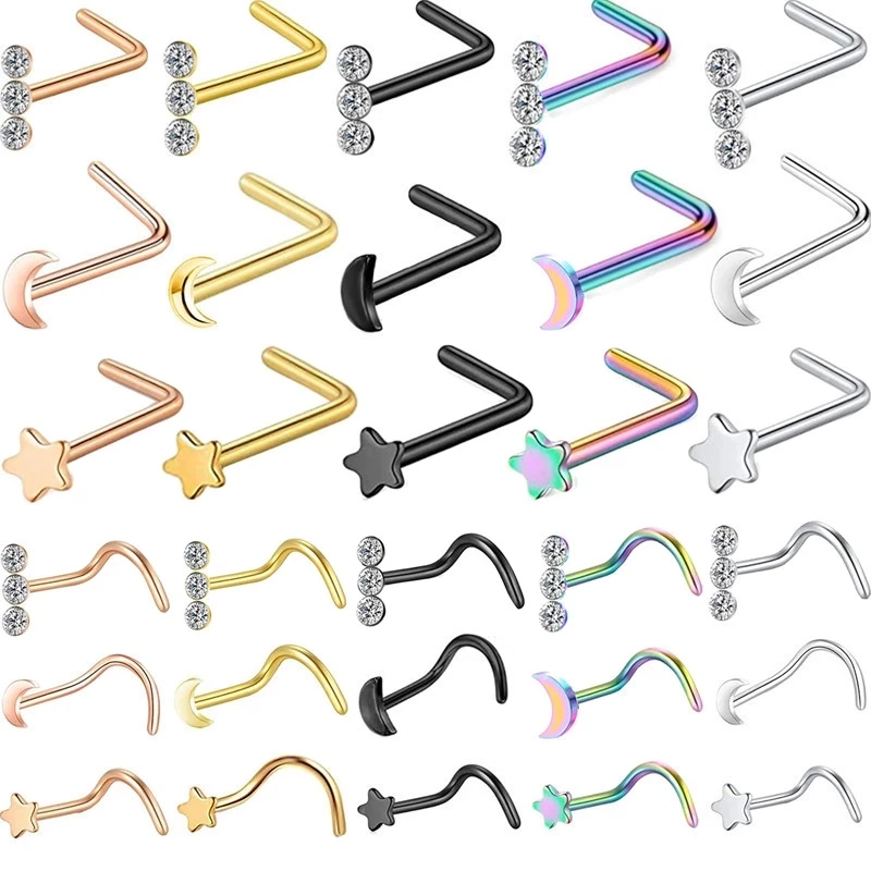 Кольца и шпильки для пирсинга носа L-образные из хирургической стали с фианитом