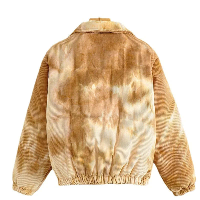 2022 Women's New Color Lapel Solid Color Tie-Dye Thickening Warm Fashion Casual Cotton Coat