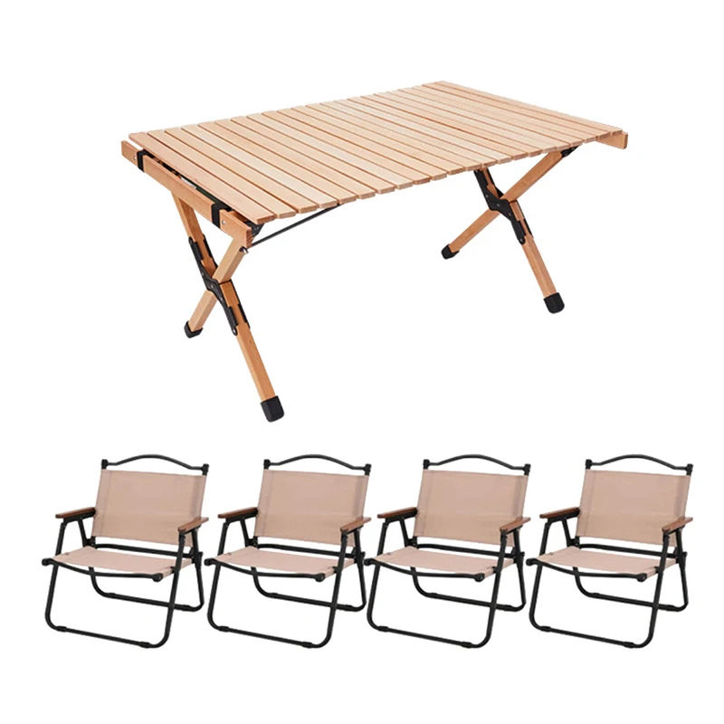 

5 pcs Foldable Camping Chair and Outdoor Tables Set Portable Wooden Picnic Table Folding Chairs for Events