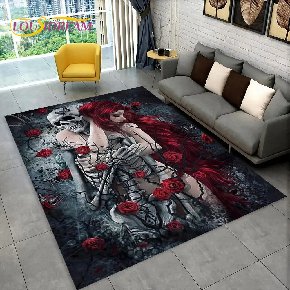 

3D Gothic Horror Female Skull Dead Girl Area Rug,Carpet Rug for Home Living Room Bedroom Sofa Doormat Decor,Non-slip Floor Mat