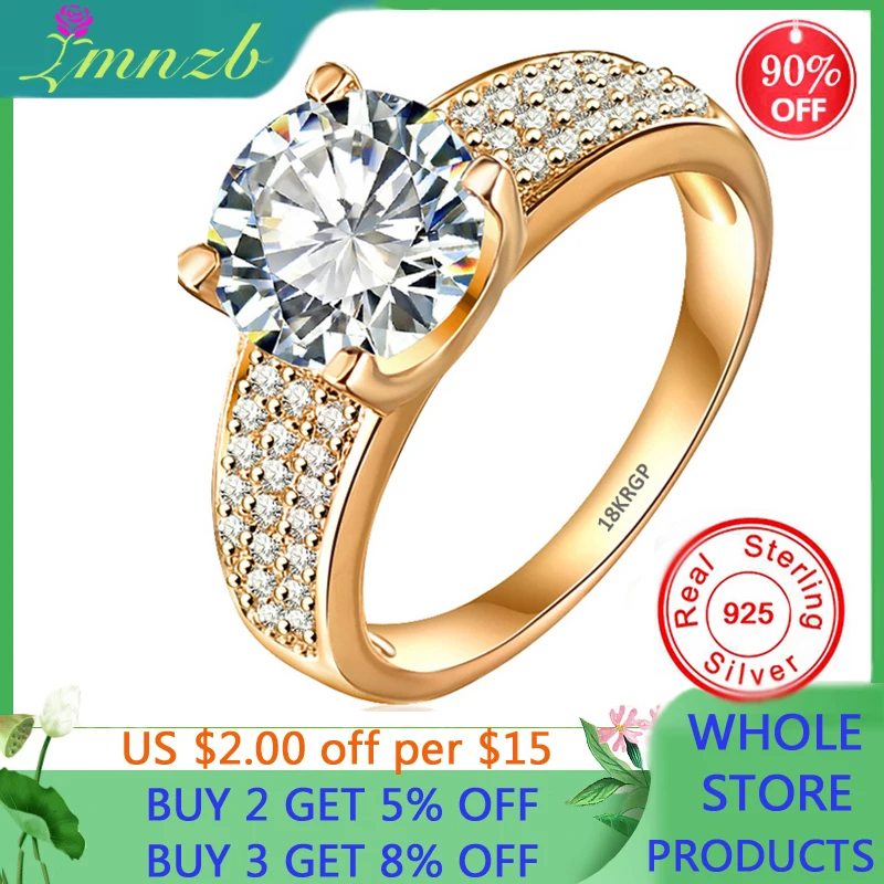 

LMNZB 18K Gold Color Tibetan Silver 925 Ring With 8mm 2 Carat Zirconia Diamond Wedding Band For Women Fashion Jewelry Gift