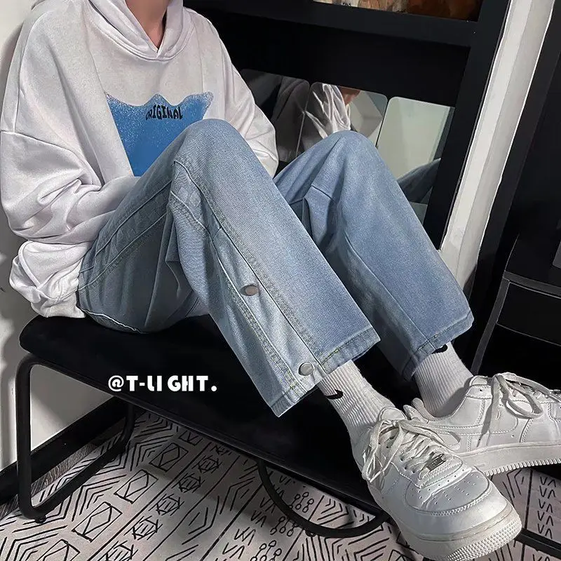 EOENKKY/ Loose Straight Tube Men's Jeans 2023 Spring High Street Trendy Wide Leg Pants Fashion Oversized Denim Trousers Man