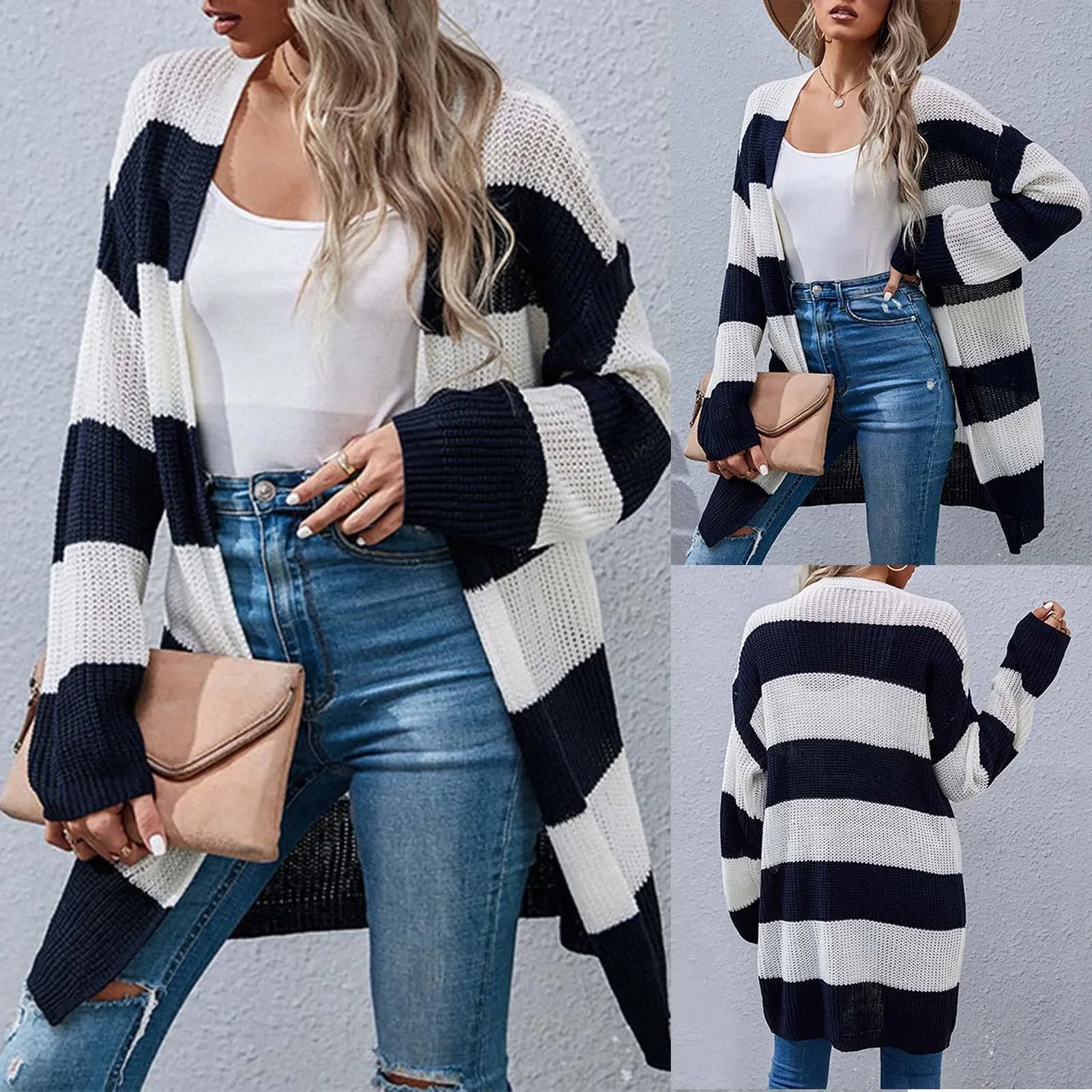 

Womens Fleece Jackets Full Zip Women Fashion Long Sleeved Striped Cardigan Sweater Coat Flannel Jacket