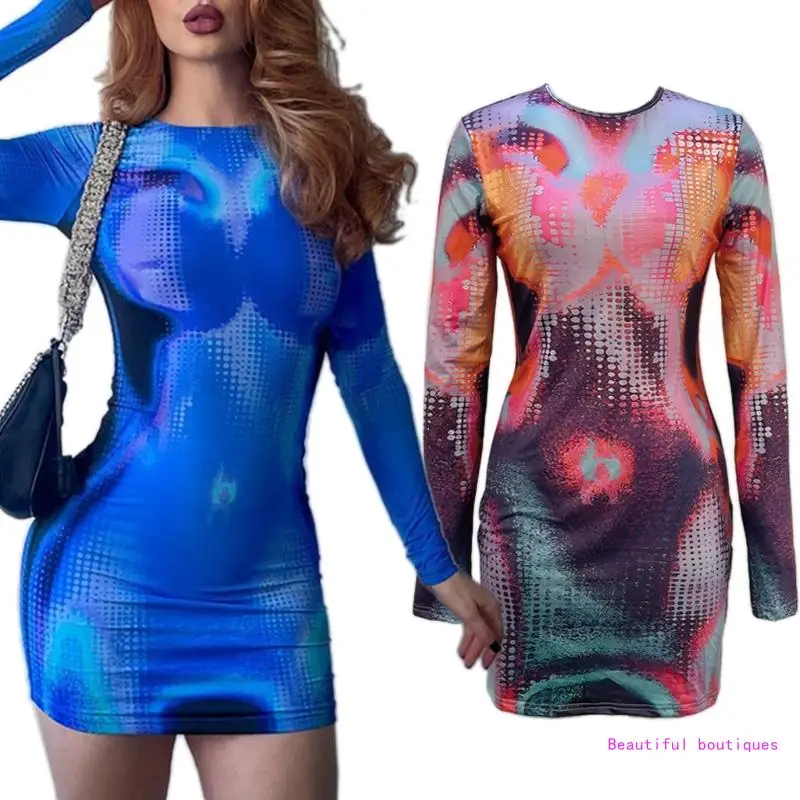 

Женское мини-платье с красочным принтом, тонкое платье с длинными рукавами, осенне-зимнее платье, Прямая поставка
