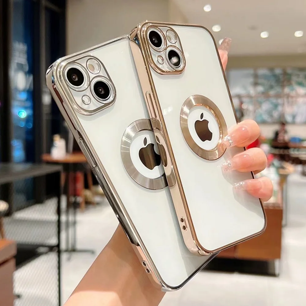 

Plating Transparent Logo Hole Case for iPhone 11 12 13 Pro Max X Xr Xs Max 7 8 Plus SE Glass Lens Protection Soft Silicone Cover