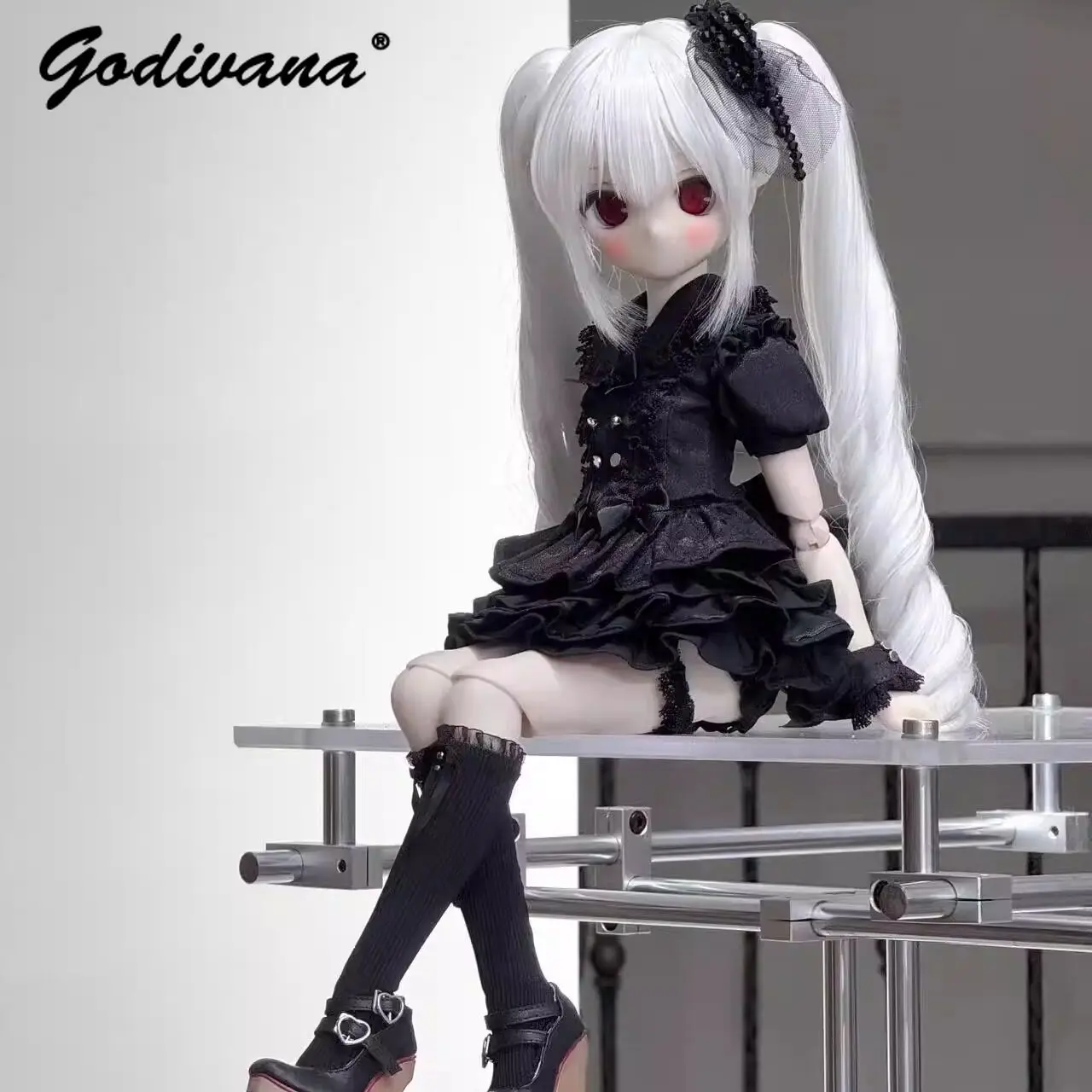 Фото Темный готический костюм для куклы Лолиты 1/4 BJD MDD: черное кружевное платье принцессы с рюшами, комплект с повязкой на голову и подвязками на бедрах №4