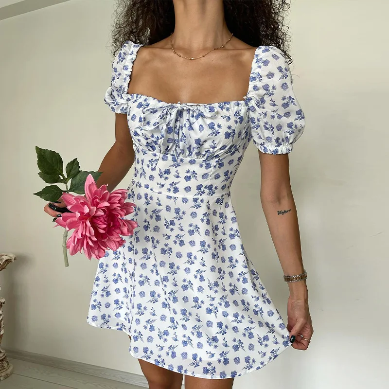 

Women Boho Dress Short Sleeve Flower Print Lacing Sundress Summer A-line Dress Vacation Holiday Female Clothes Outfit