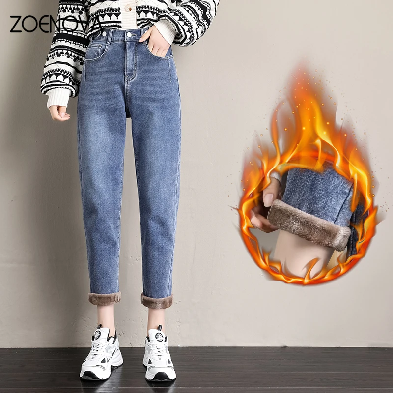

ZOENOVA Women Thermal Jeans Winter Snow Warm Plush Stretch Jeans Harem Thicken Fleece Students Pants Female Retro Blue Trousers