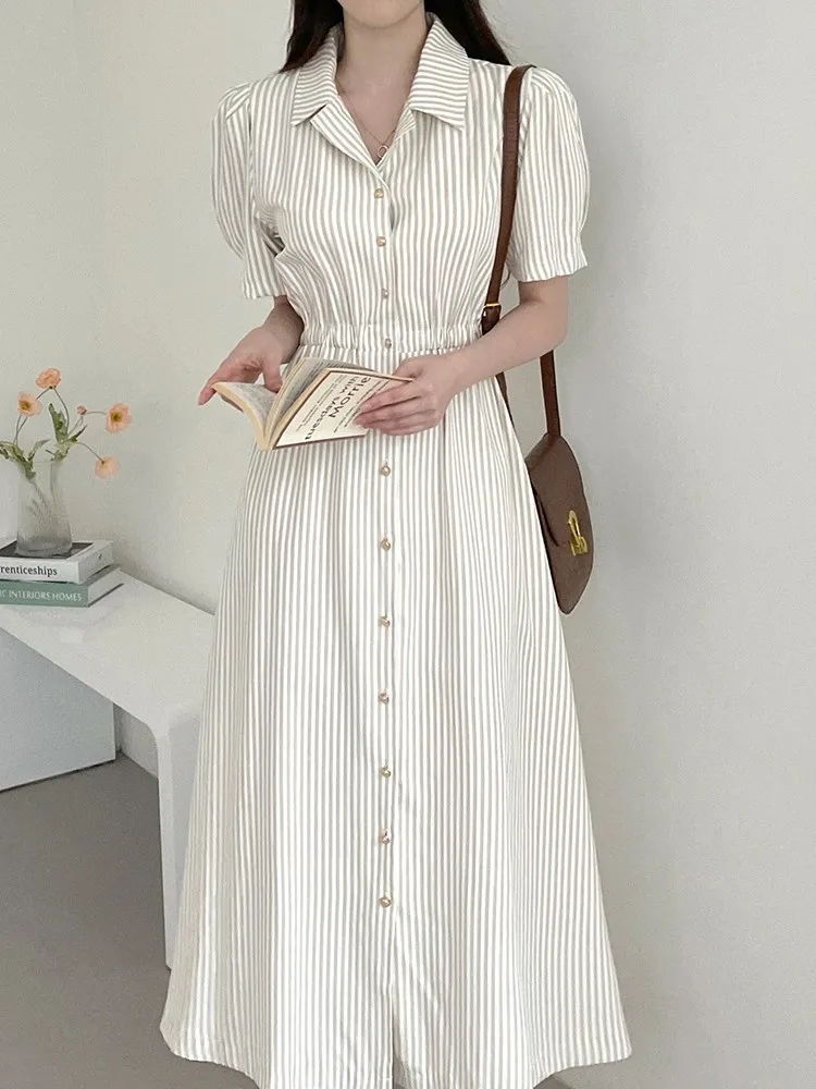 Платье-рубашка женское длинное Плиссированное с пышными короткими рукавами и