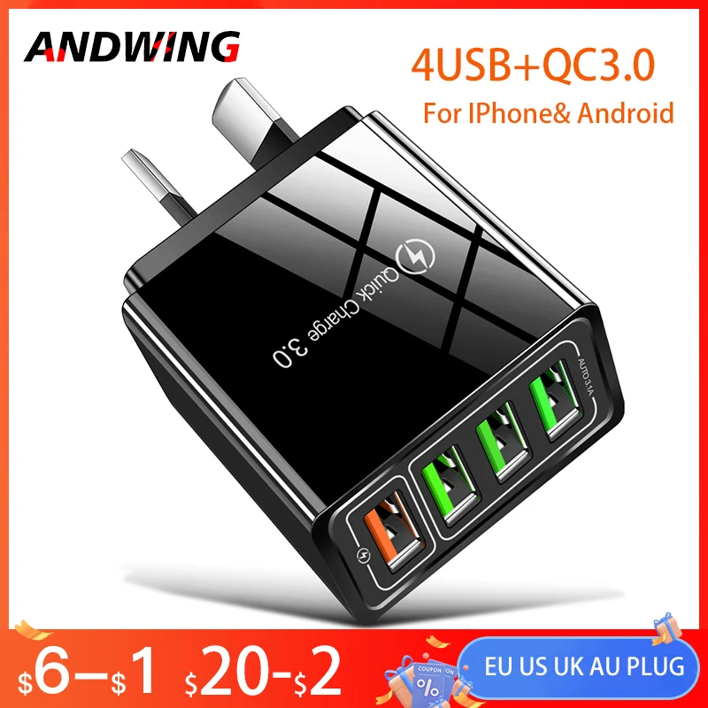 

ANDWING 48W AU/EU/US/UK Plug USB Fast Charger 4-Port Charger Adapter for iPhone 12 13 Pro Max Xiaomi Charger Fast Power Adapter