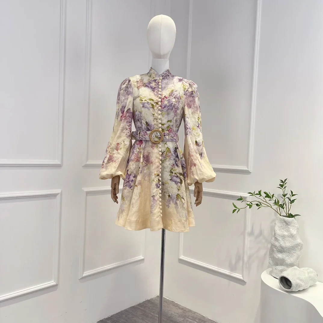 

Multi-color Floral Print 2023 New Linen High Quality Long Lantern Sleeve Buttons A-line Vintage Elegant Woman Dress for Holiday