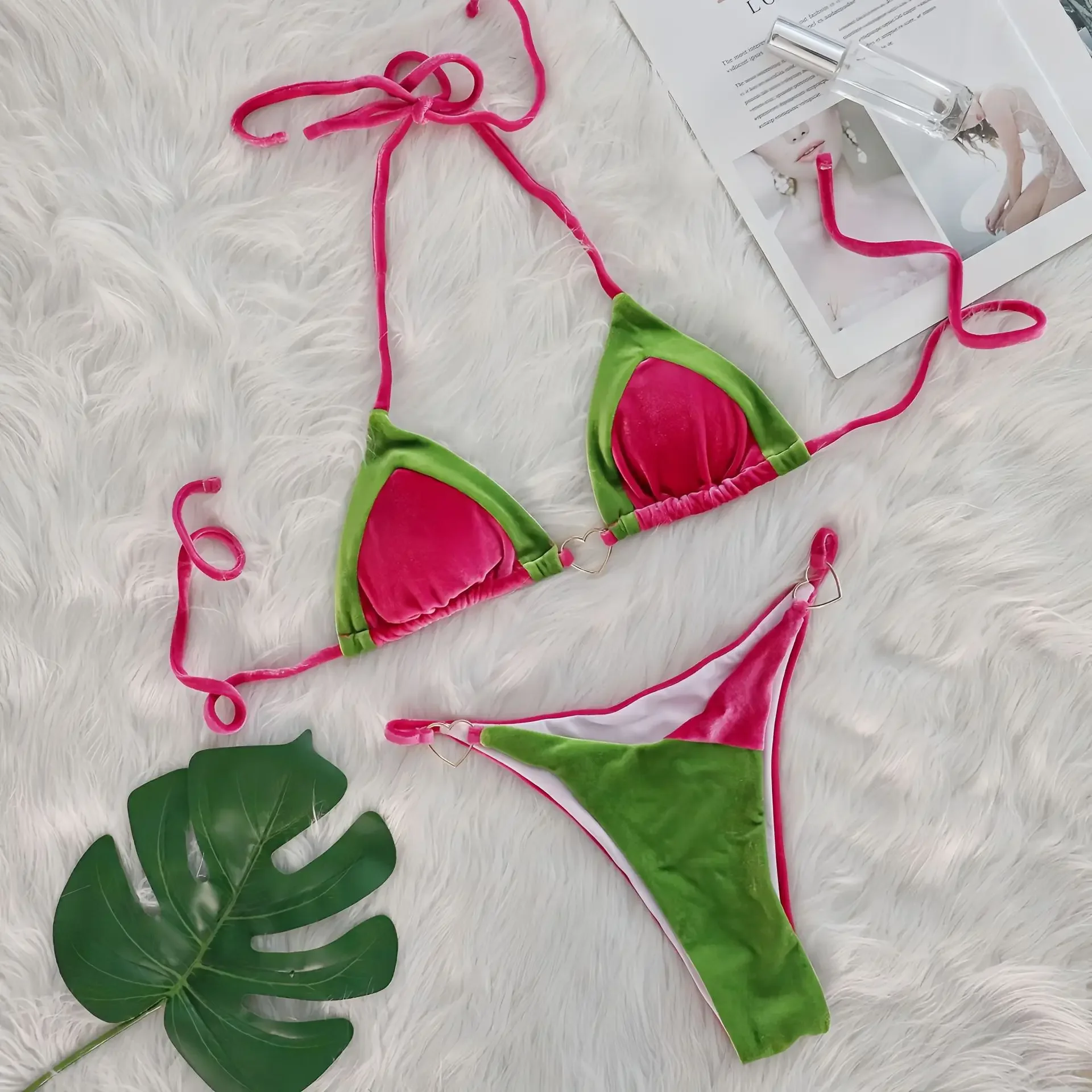 Бикини микро стринги купальник женский треугольный с цветными блоками сердце