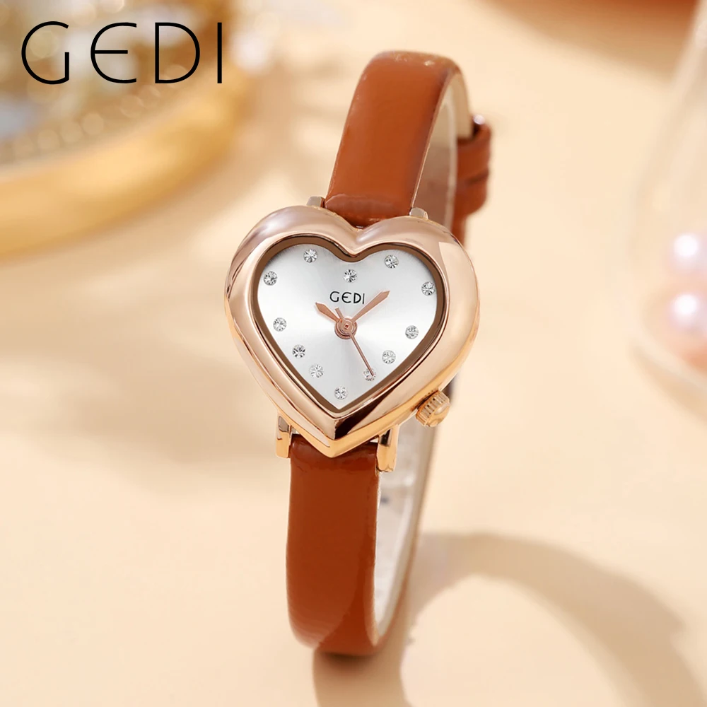 GEDI New Love Shaped Ultra-thin Women Watches Luxury Brand Waterproof Leather Strap Ladies Fashion Quartz Wristwatch Woman Clock