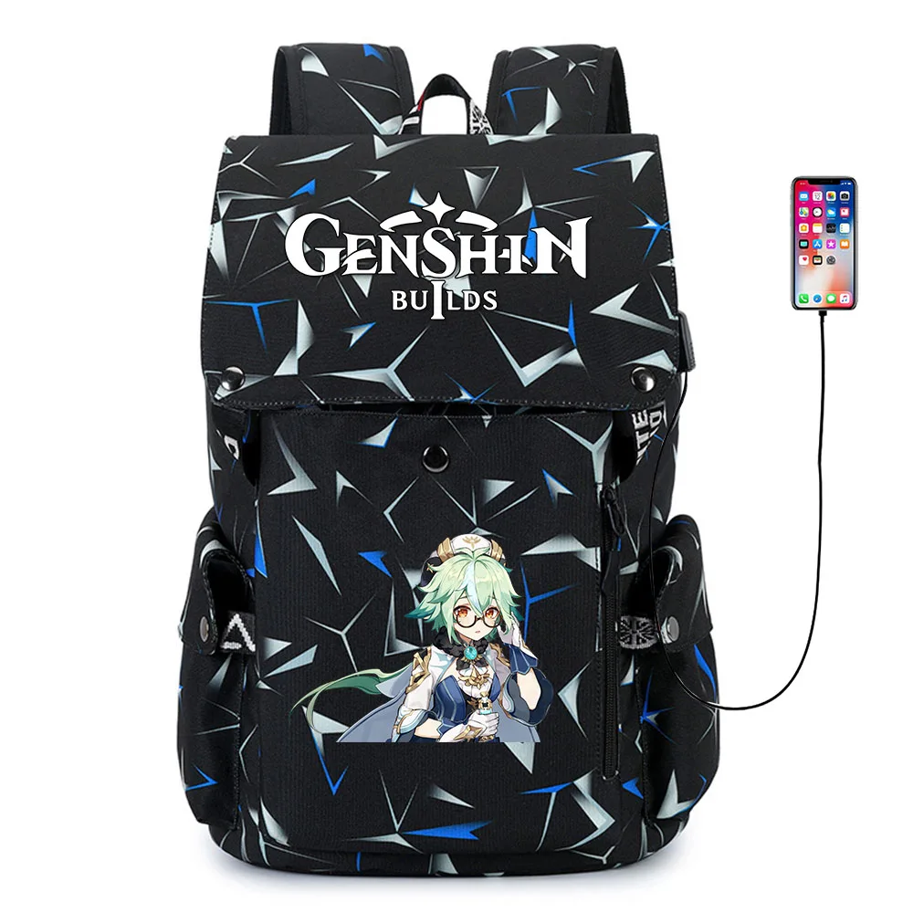 

Genshin Impact Printing Backpack USB Charging Packsack Travel Laptop Bag Oxford Cloth Knapsack Student Zipper Cartoon Schoolbag