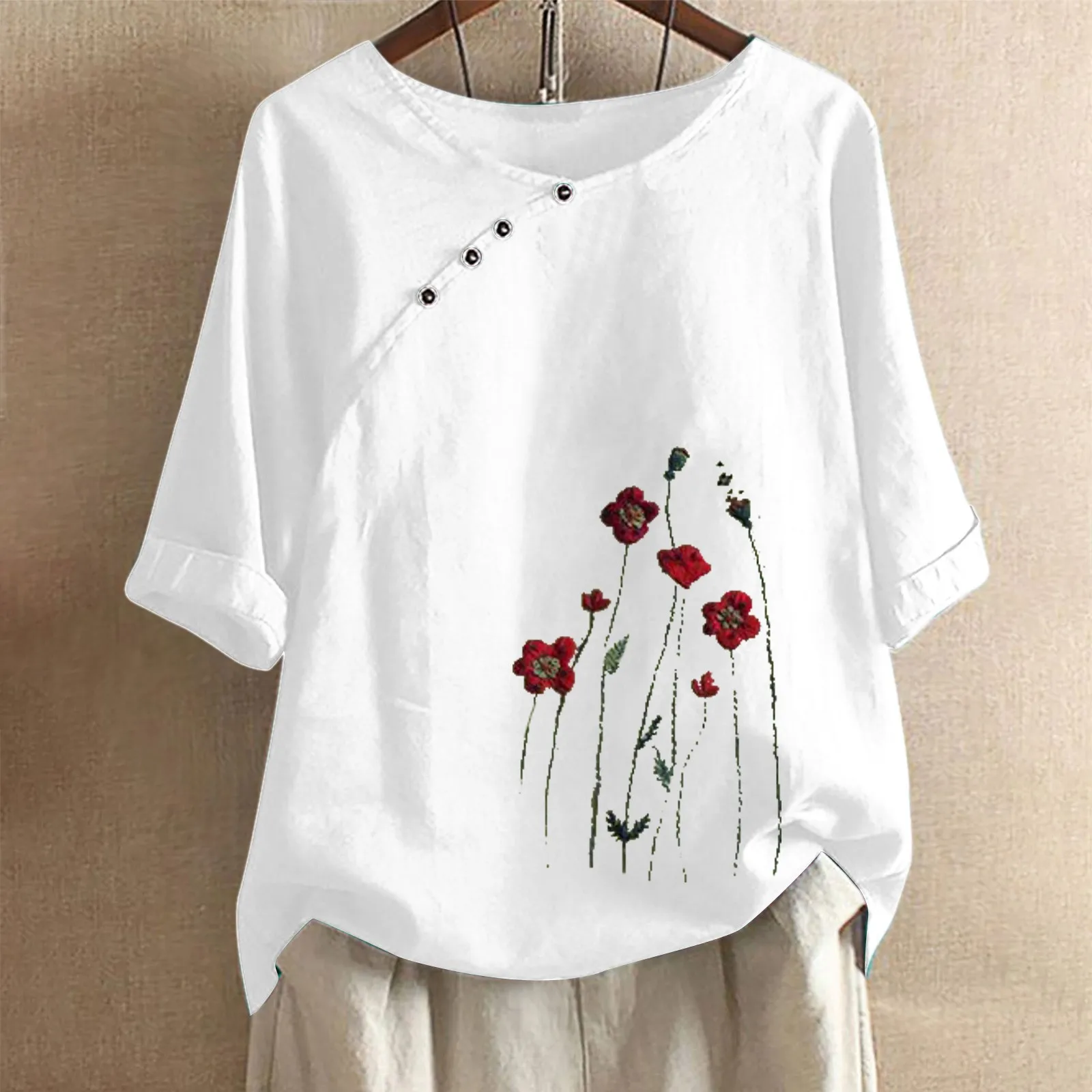 

Summer Casual Linen T Shirt Women Half Sleeve Round Neck Side Button Fit Floral Printed Tops Female T Shirts Oversized Blouse