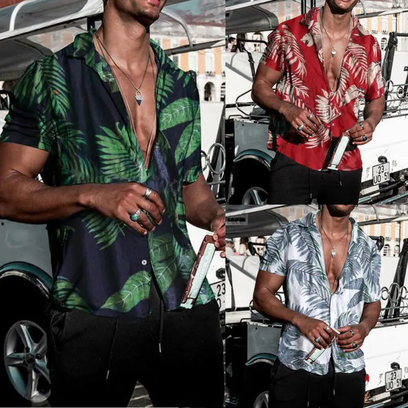 

Гавайская рубашка, мужская летняя пляжная Повседневная рубашка с цветочным принтом и коротким рукавом, топы, праздничные Рубашки, Топы